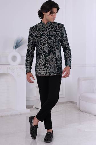 Black velvet embroidered bandhgala for mens