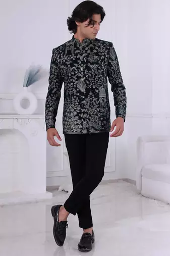 Black velvet embroidered bandhgala for mens