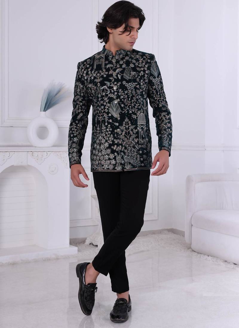 Black velvet embroidered bandhgala for mens