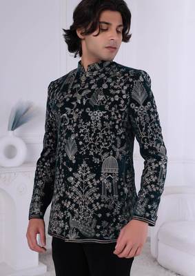 Black velvet embroidered bandhgala for mens 2