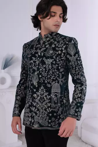 Black velvet embroidered bandhgala for mens