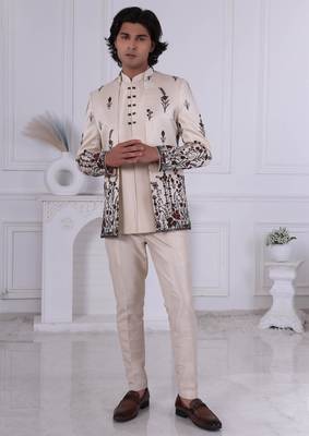 Beige silk embroidered indo western for mens 1