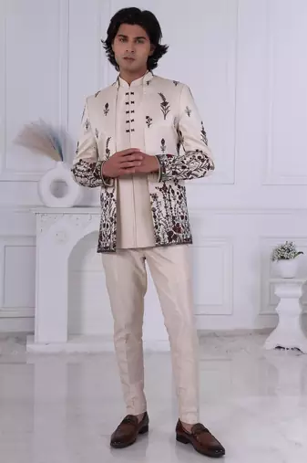 Beige silk embroidered indo western for mens