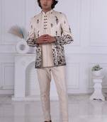 Beige silk embroidered indo western for mens