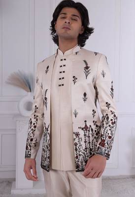 Beige silk embroidered indo western for mens 2