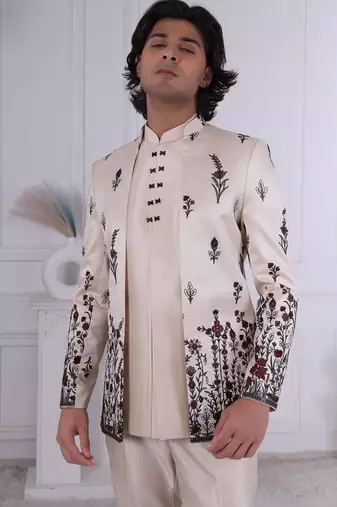 Beige silk embroidered indo western for mens