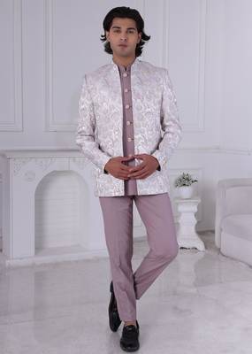 Purple jacquard embroidered indo western for mens 1