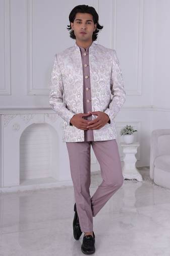 Purple jacquard embroidered indo western for mens