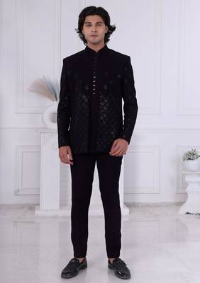 Blak silk embroidered bandhgala for mens 1