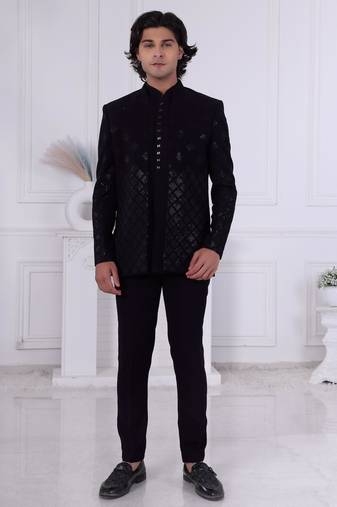 Blak silk embroidered bandhgala for mens