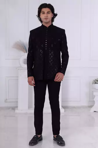 Blak silk embroidered bandhgala for mens