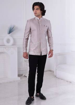 Grey silk embroidered bandhgala for mens 1