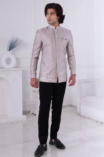 Grey silk embroidered bandhgala for mens