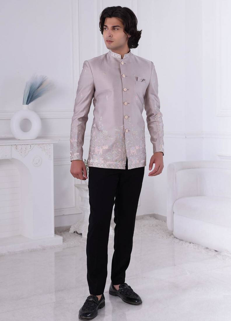 Grey silk embroidered bandhgala for mens