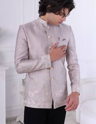Grey silk embroidered bandhgala for mens 2