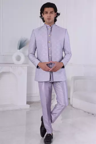 Purple jacquard embroidered indo western for mens