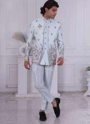 Blue silk embroidered indo western for mens 1