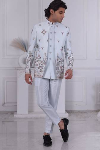 Blue silk embroidered indo western for mens