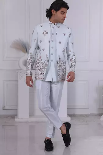 Blue silk embroidered indo western for mens