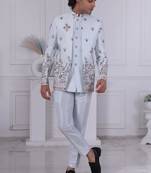 Blue silk embroidered indo western for mens