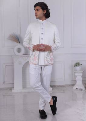 White silk embroidered indo western for mens 1