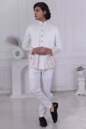 White silk embroidered indo western for mens