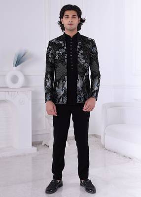 Black velvet embroidered indo western for mens 1
