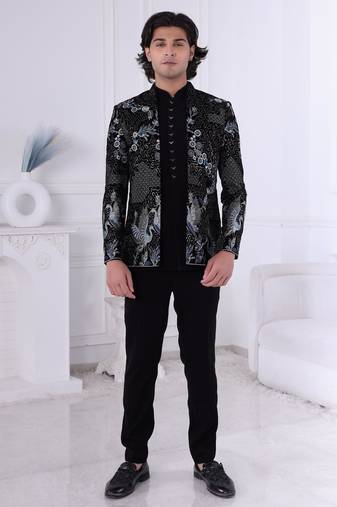 Black velvet embroidered indo western for mens
