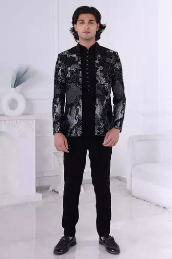 Black velvet embroidered indo western for mens