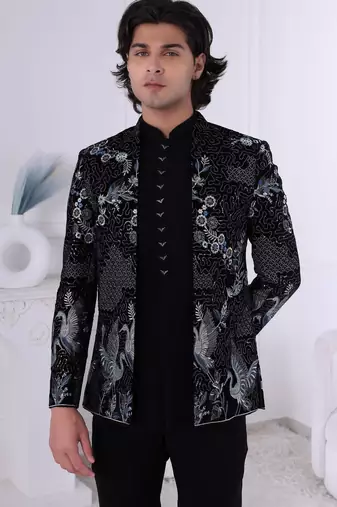 Black velvet embroidered indo western for mens