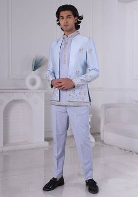Blue silk embroidered indo western for mens 1