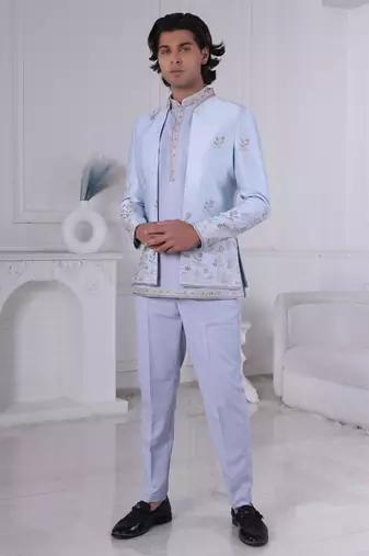 Blue silk embroidered indo western for mens