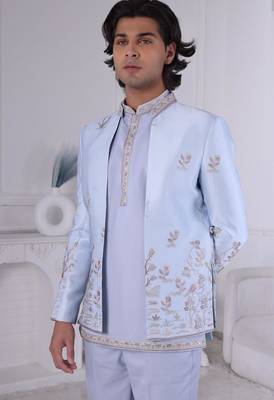 Blue silk embroidered indo western for mens 2