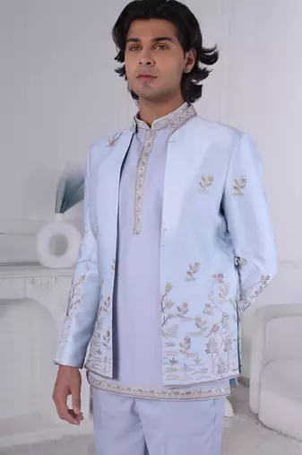 Blue silk embroidered indo western for mens