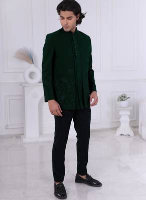 Green silk embroidered indo western for mens 1