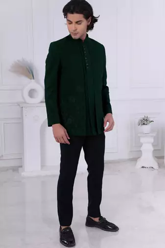 Green silk embroidered indo western for mens