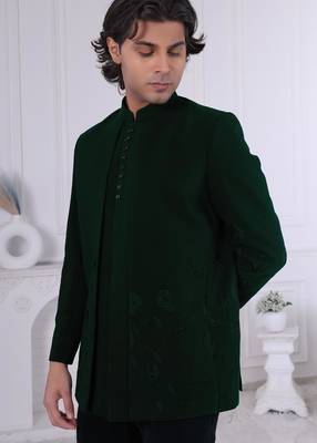 Green silk embroidered indo western for mens 2