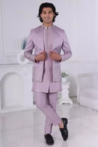 Pink silk embroidered indo western for mens