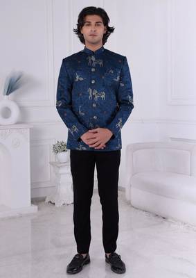 Blue silk embroidered bandhgala for mens 1
