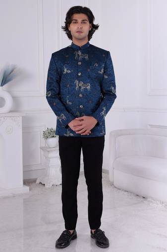 Blue silk embroidered bandhgala for mens