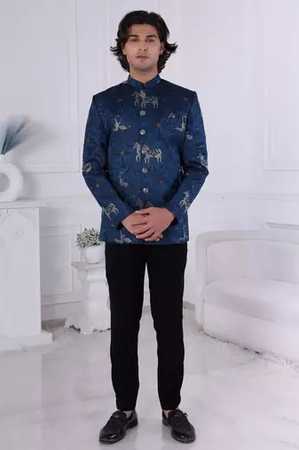 Blue silk embroidered bandhgala for mens