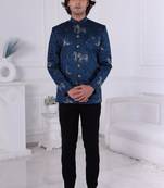 Blue silk embroidered bandhgala for mens