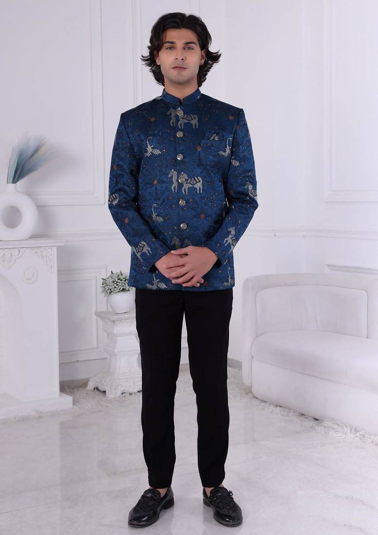 Blue silk embroidered bandhgala for mens