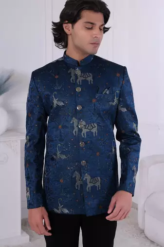 Blue silk embroidered bandhgala for mens
