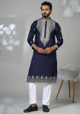 Blue blended cotton embroidered kurta pajama for mens 1