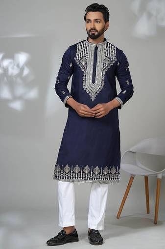Blue blended cotton embroidered kurta pajama for mens
