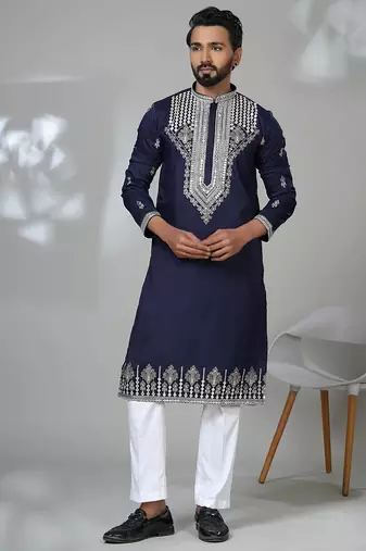 Blue blended cotton embroidered kurta pajama for mens