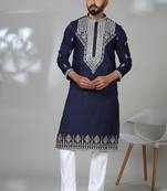 Blue blended cotton embroidered kurta pajama for mens