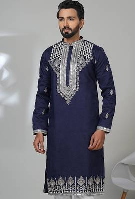 Blue blended cotton embroidered kurta pajama for mens 2