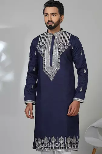 Blue blended cotton embroidered kurta pajama for mens